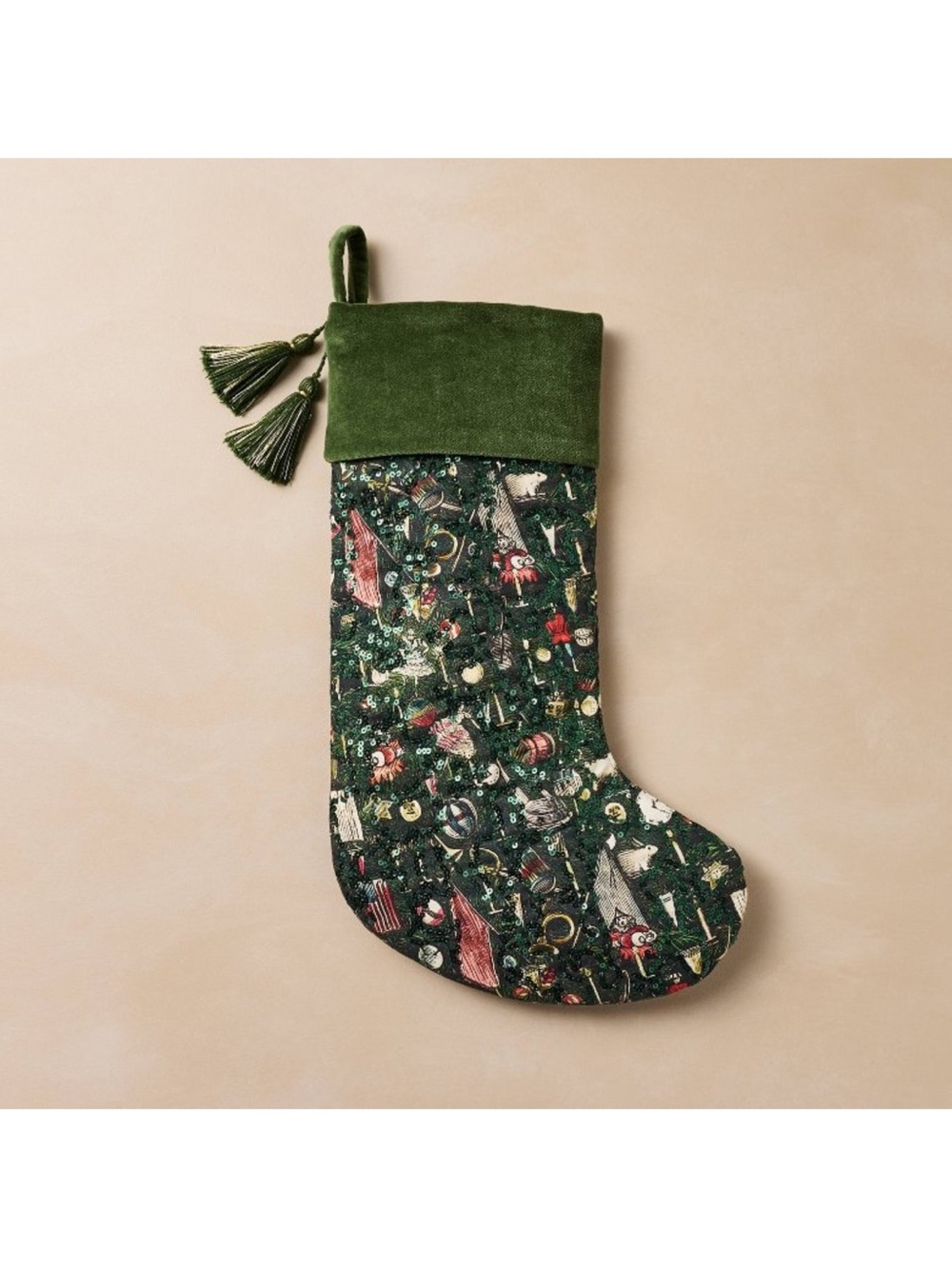 John Derian for Target Green Sequin Studded Toy Print Holiday Stocking NWT